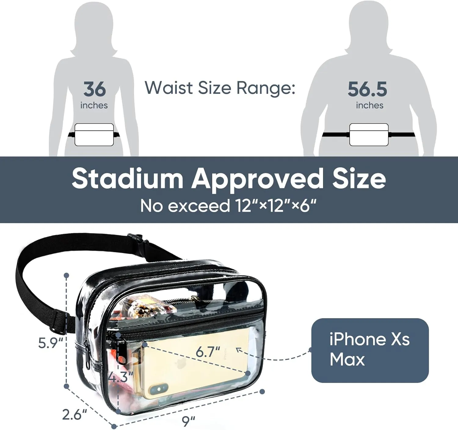 Clear Fanny Pack for Stadium Events - Clear Bag for Women Men | Lightweight Waist Pack for Concerts, Sports Games Day & Travel | Stadium Approved Transparent Bag (Black)