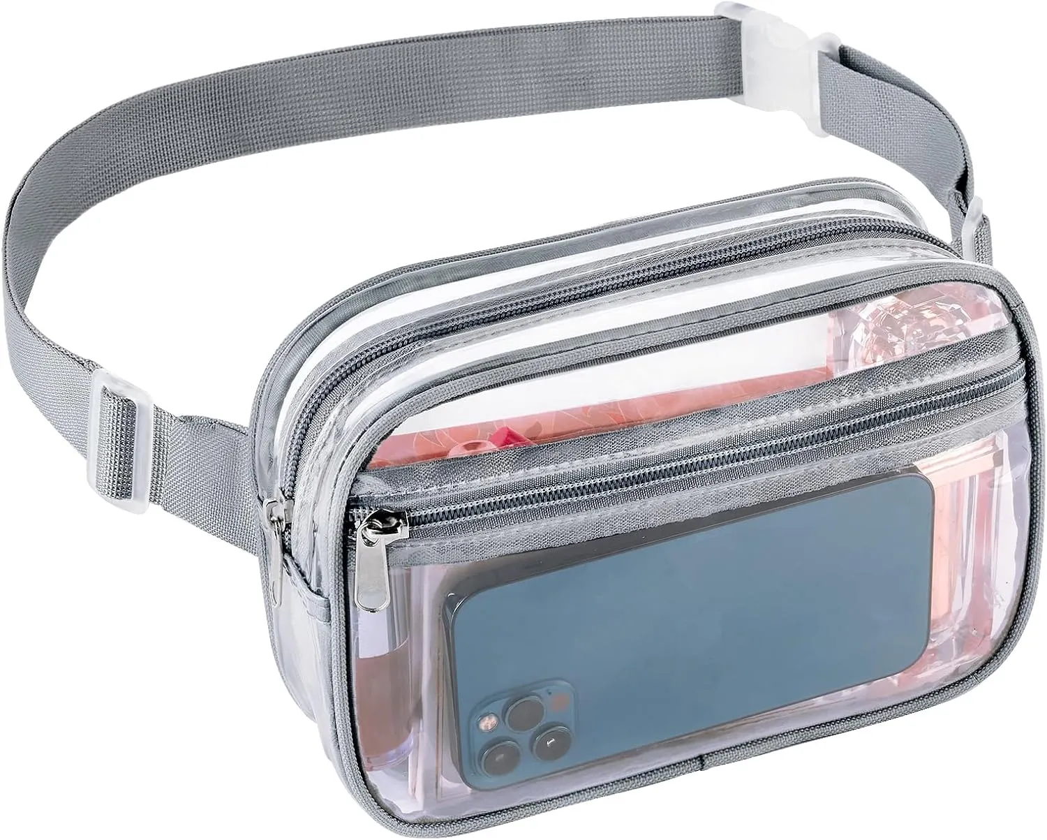 Clear Fanny Pack for Stadium Events - Waterproof Clear Bag for Women Men | Lightweight Waist Pack for Concerts, Sports Games & Travel | Stadium Approved Transparent Belt Bag (Grey