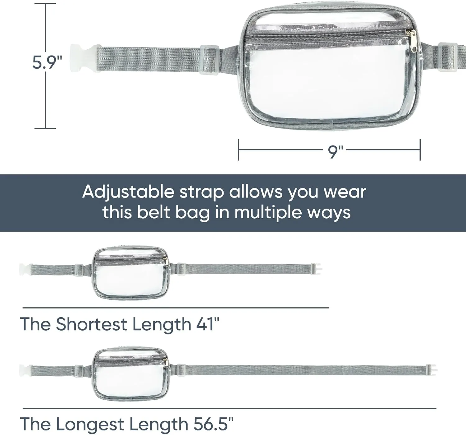Clear Fanny Pack for Stadium Events - Waterproof Clear Bag for Women Men | Lightweight Waist Pack for Concerts, Sports Games & Travel | Stadium Approved Transparent Belt Bag (Grey