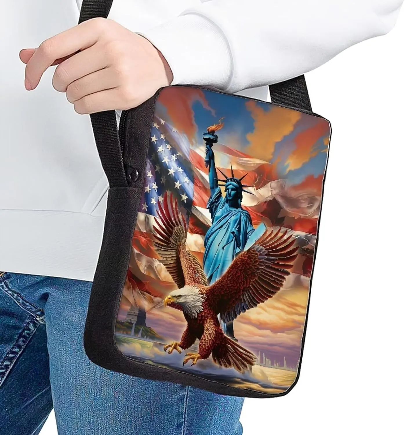 COEQINE American Flag Animal Theme Crossbody Bag Purse for Women Men, Cool Statue of Liberty Bald Eagle Pattern Travel Purse for Women Men Purse With Adjustable Strap, 4th July Theme