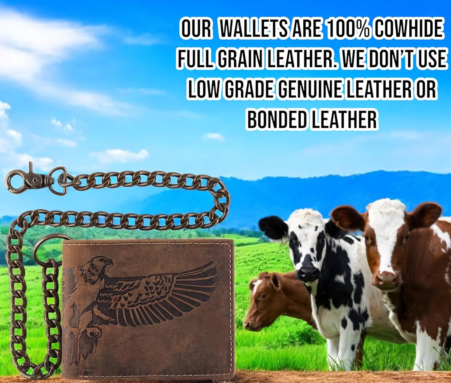 F&L CLASSIC RFID Blocking Mens bi-fold Style Cowhide Leather Steel Chain Wallet, brown Flying Eagle,texas 300