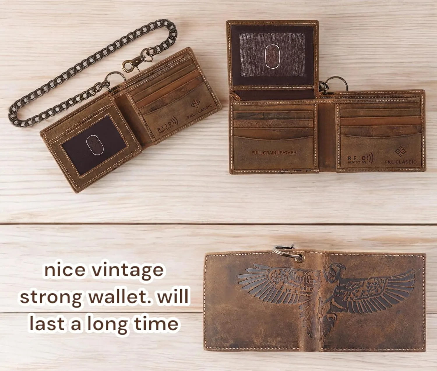 F&L CLASSIC RFID Blocking Mens bi-fold Style Cowhide Leather Steel Chain Wallet, brown Flying Eagle,texas 300