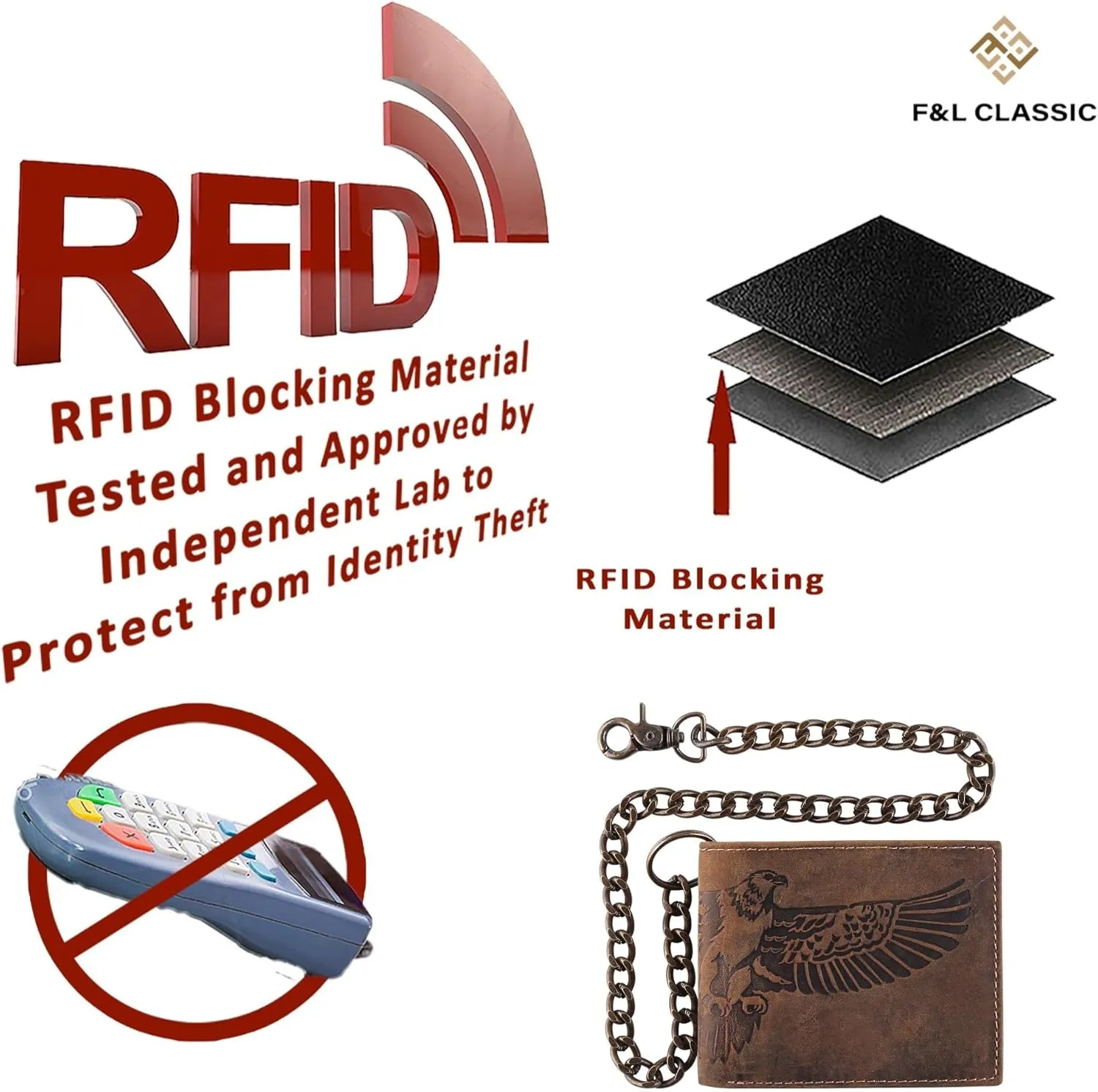 F&L CLASSIC RFID Blocking Mens bi-fold Style Cowhide Leather Steel Chain Wallet, brown Flying Eagle,texas 300