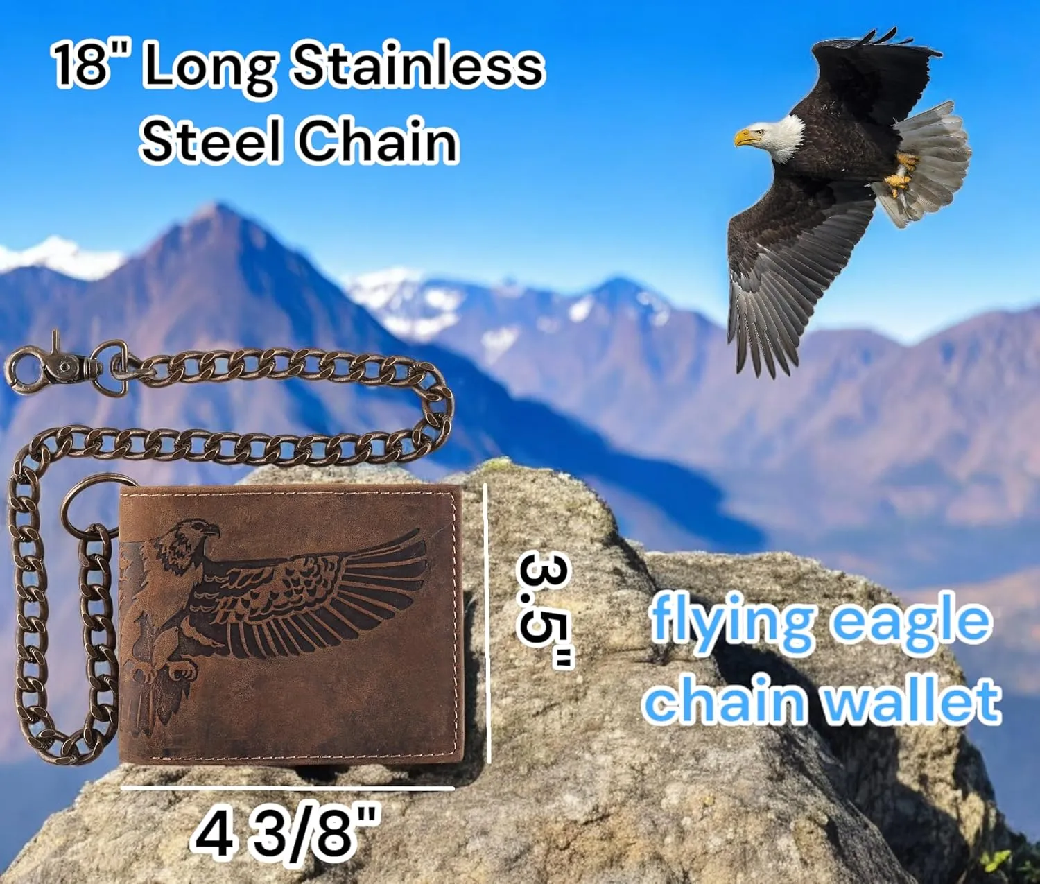 F&L CLASSIC RFID Blocking Mens bi-fold Style Cowhide Leather Steel Chain Wallet, brown Flying Eagle,texas 300