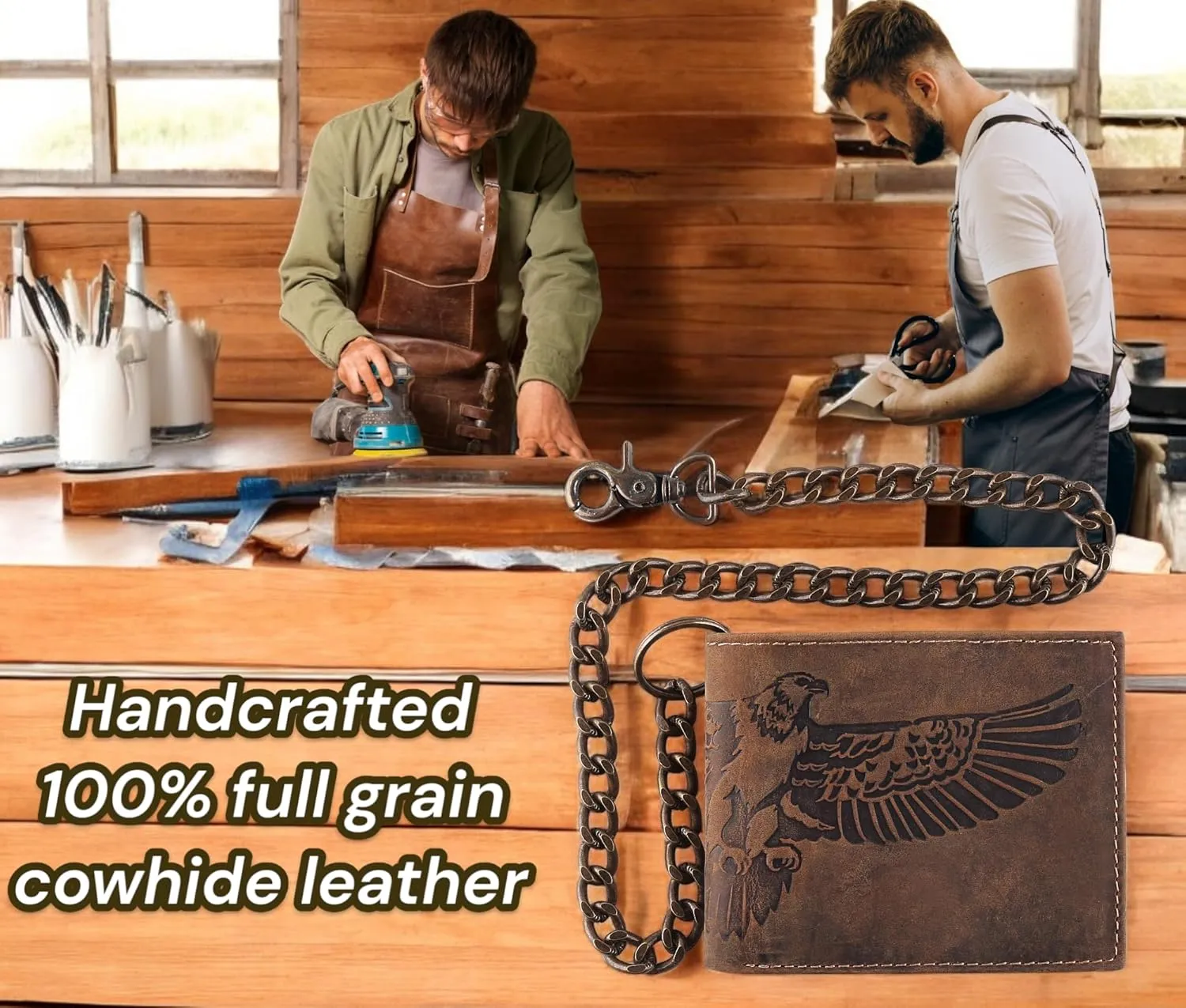 F&L CLASSIC RFID Blocking Mens bi-fold Style Cowhide Leather Steel Chain Wallet, brown Flying Eagle,texas 300
