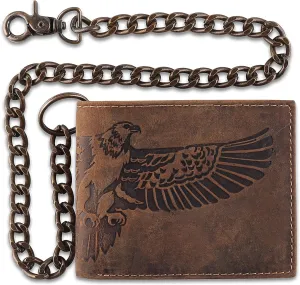 F&L CLASSIC RFID Blocking Mens bi-fold Style Cowhide Leather Steel Chain Wallet, brown Flying Eagle,texas 300