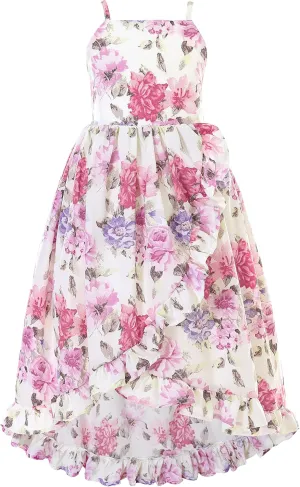 Flofallzique Floral Girls Maxi Dress Summer Spaghetti Strap Kids Vintage Boho Hi-Low Sundress