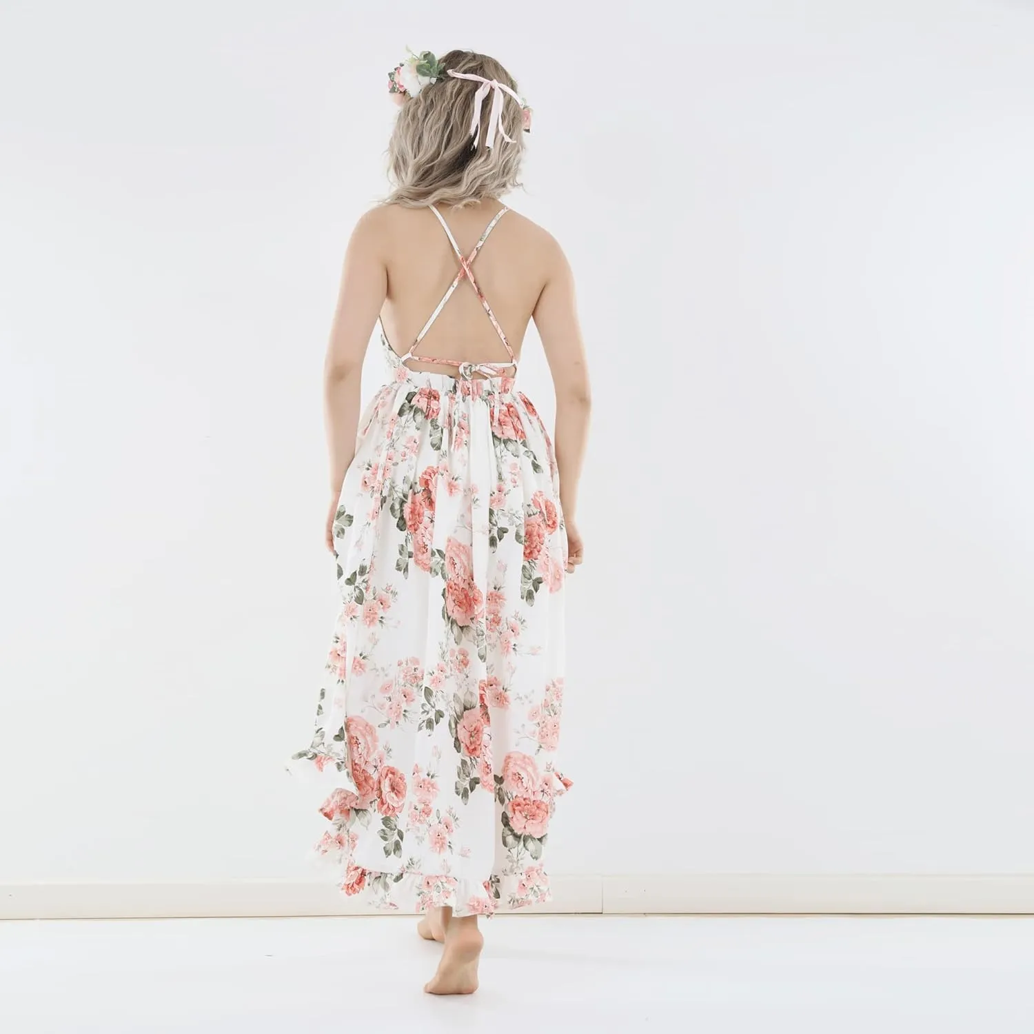 Flofallzique Floral Girls Maxi Dress Summer Spaghetti Strap Kids Vintage Boho Hi-Low Sundress