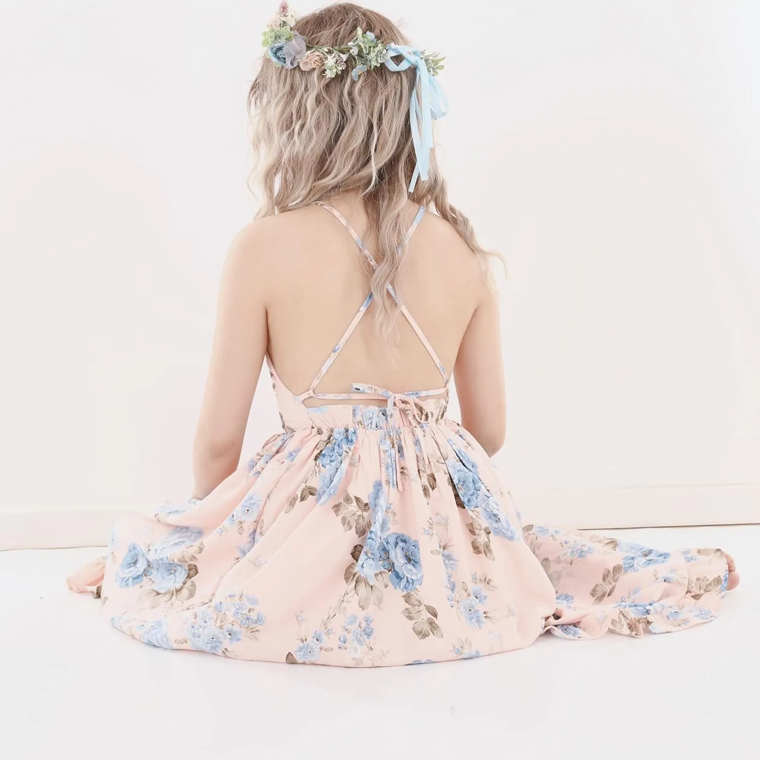 Flofallzique Floral Girls Maxi Dress Summer Spaghetti Strap Kids Vintage Boho Hi-Low Sundress