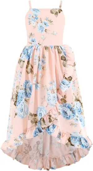 Flofallzique Floral Girls Maxi Dress Summer Spaghetti Strap Kids Vintage Boho Hi-Low Sundress
