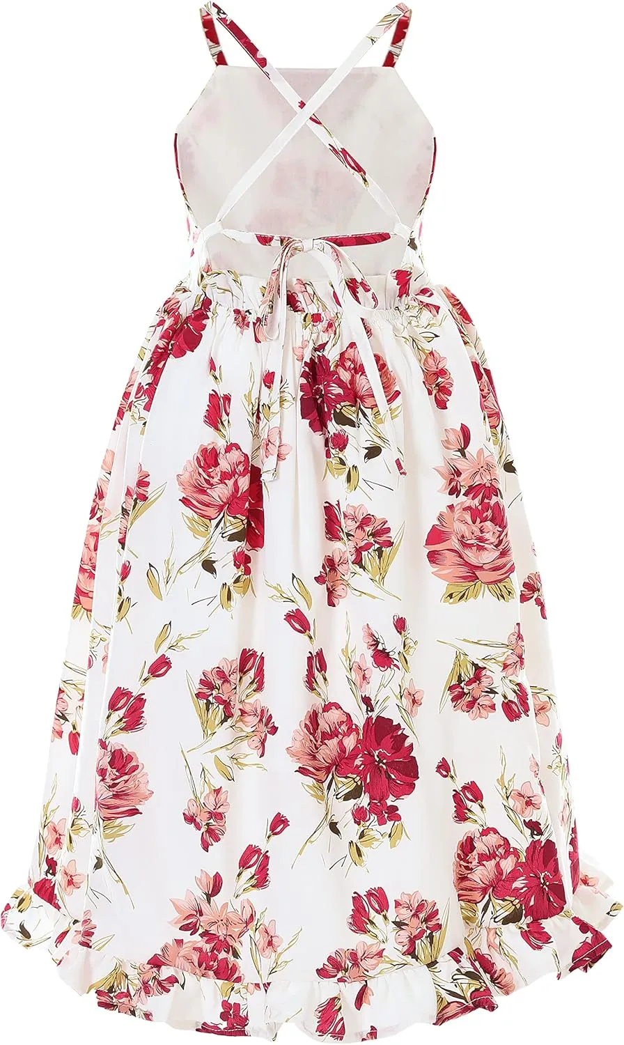 Flofallzique Floral Girls Maxi Dress Summer Spaghetti Strap Kids Vintage Boho Hi-Low Sundress