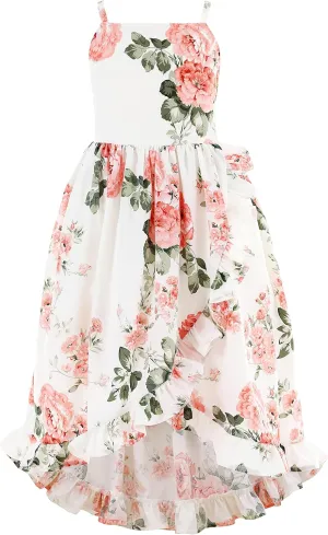 Flofallzique Floral Girls Maxi Dress Summer Spaghetti Strap Kids Vintage Boho Hi-Low Sundress