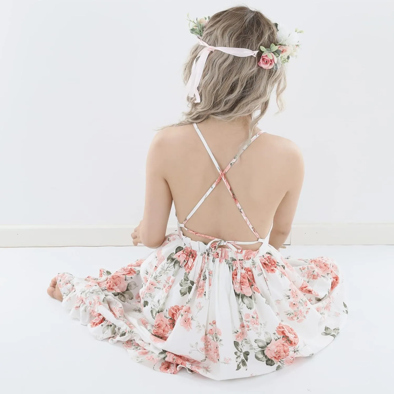Flofallzique Floral Girls Maxi Dress Summer Spaghetti Strap Kids Vintage Boho Hi-Low Sundress