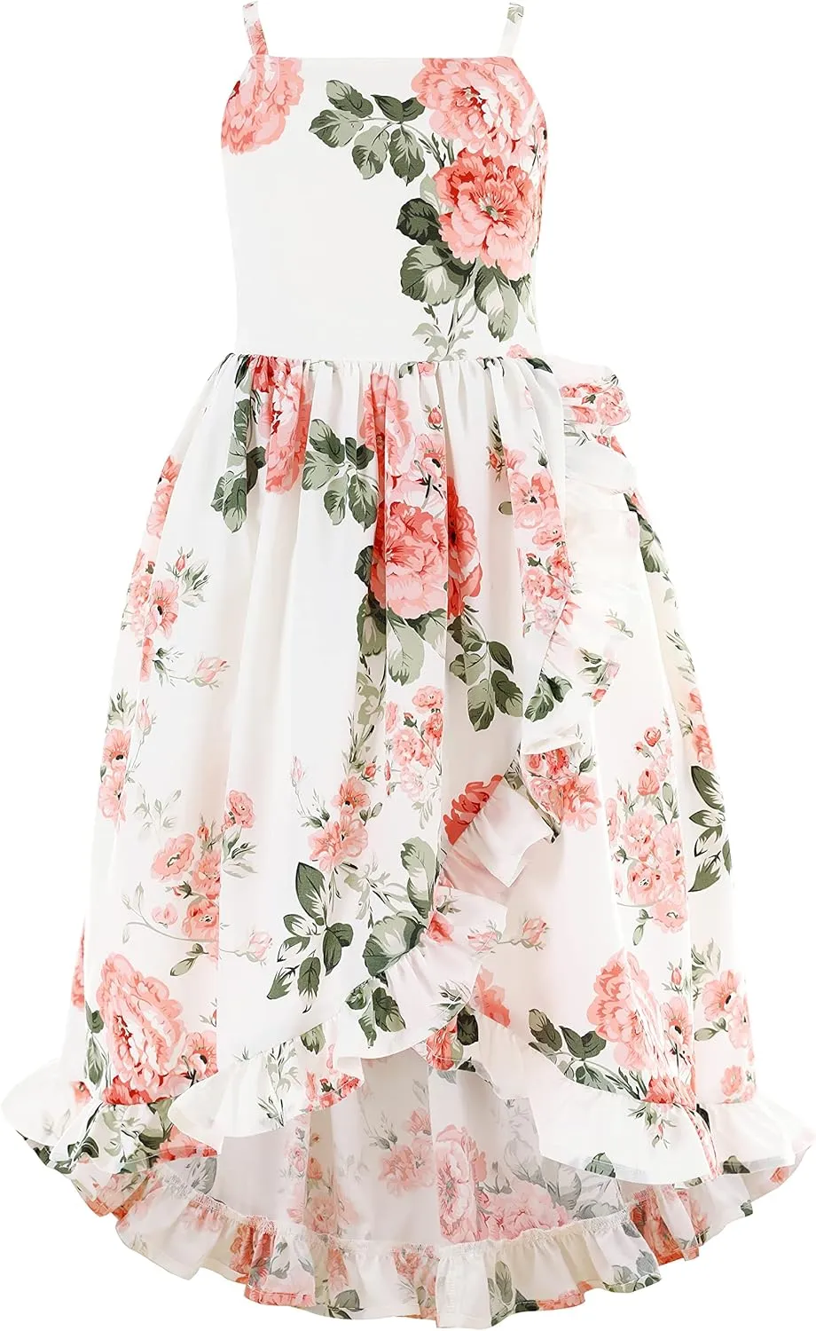 Flofallzique Floral Girls Maxi Dress Summer Spaghetti Strap Kids Vintage Boho Hi-Low Sundress