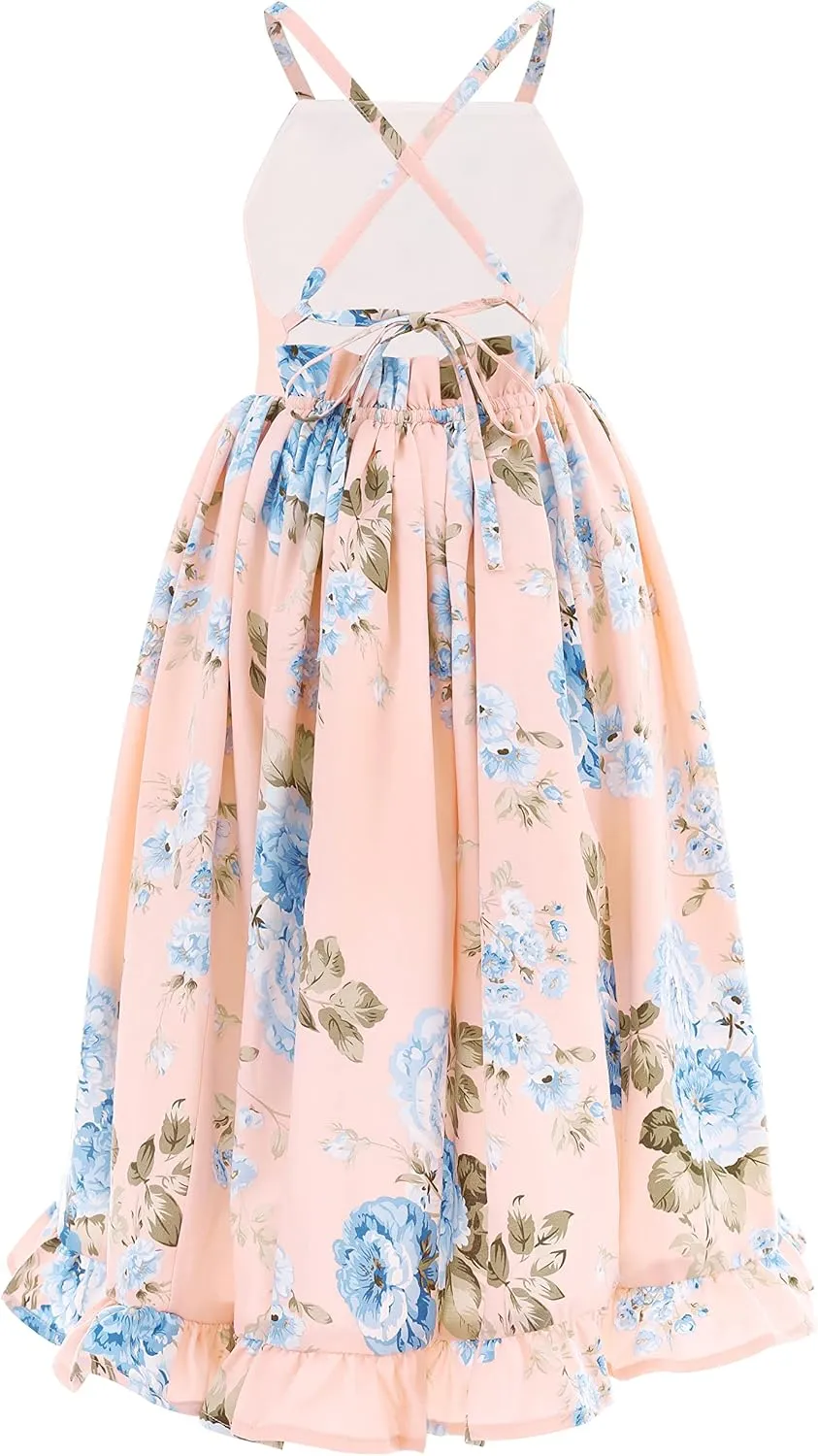 Flofallzique Floral Girls Maxi Dress Summer Spaghetti Strap Kids Vintage Boho Hi-Low Sundress