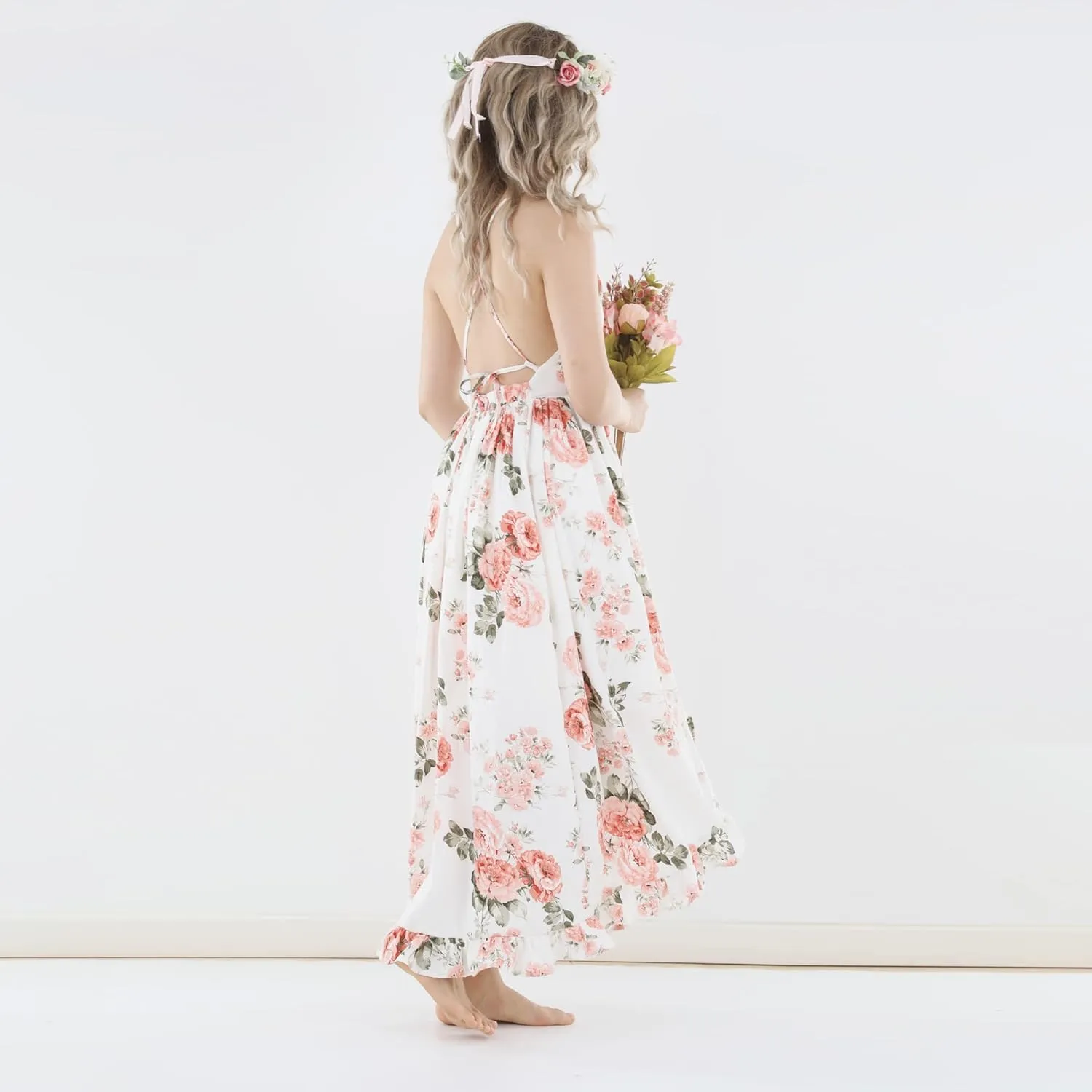 Flofallzique Floral Girls Maxi Dress Summer Spaghetti Strap Kids Vintage Boho Hi-Low Sundress
