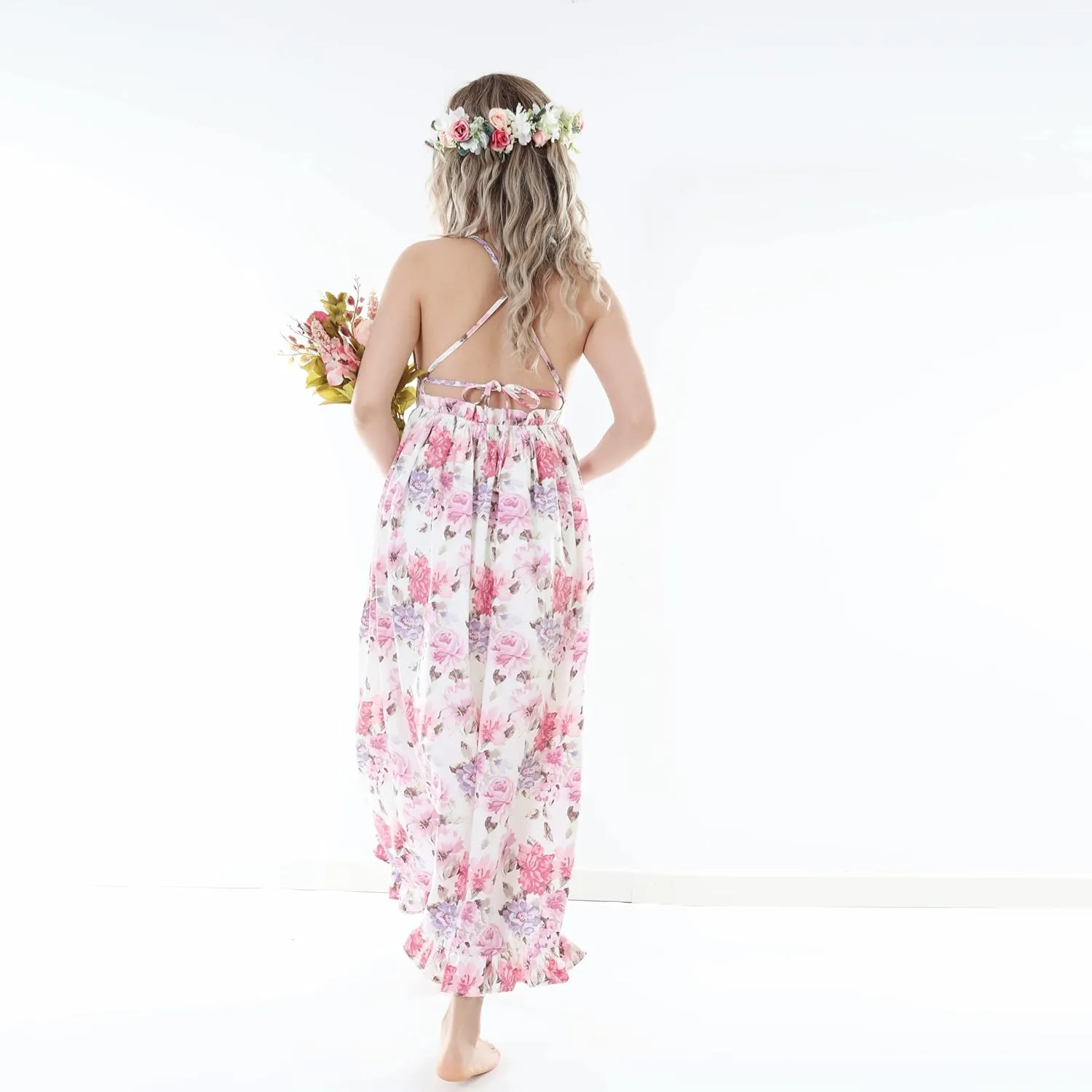 Flofallzique Floral Girls Maxi Dress Summer Spaghetti Strap Kids Vintage Boho Hi-Low Sundress