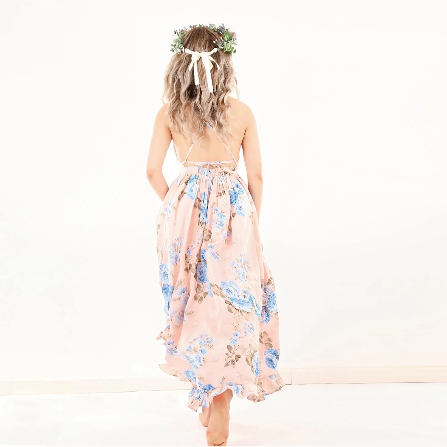 Flofallzique Floral Girls Maxi Dress Summer Spaghetti Strap Kids Vintage Boho Hi-Low Sundress