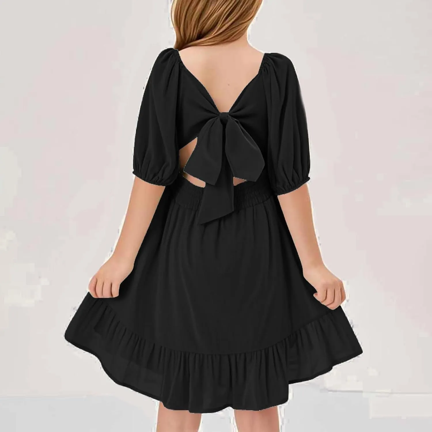 Girls Summer Dresses Square Neck Lantern Sleeve Mini Dress Tie Backless Ruffle A-Line Sundress