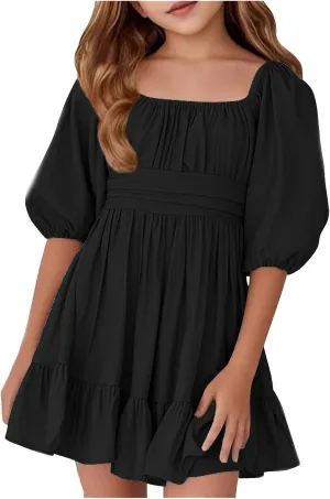Girls Summer Dresses Square Neck Lantern Sleeve Mini Dress Tie Backless Ruffle A-Line Sundress