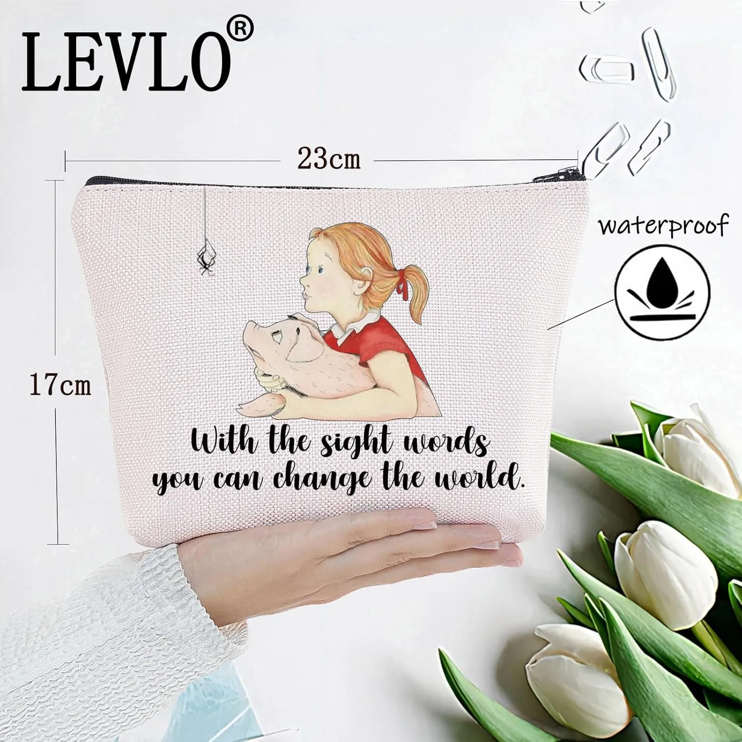 LEVLO Pig Wilbur & Fern Cartoon Cosmetic Bag Spider Charlotte Fans Gift With The Sight Words You Can Change The World Makeup Zipper Pouch Bag For Movie Fans (With The Sight)