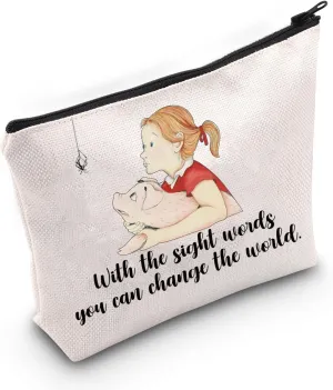 LEVLO Pig Wilbur & Fern Cartoon Cosmetic Bag Spider Charlotte Fans Gift With The Sight Words You Can Change The World Makeup Zipper Pouch Bag For Movie Fans (With The Sight)