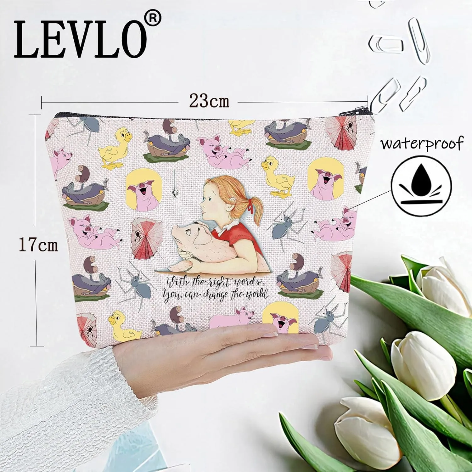 LEVLO Pig Wilbur & Fern Cartoon Cosmetic Bag Spider Charlotte Fans Gift With The Sight Words You Can Change The World Zipper Pouch Bag (With The Sight Full)