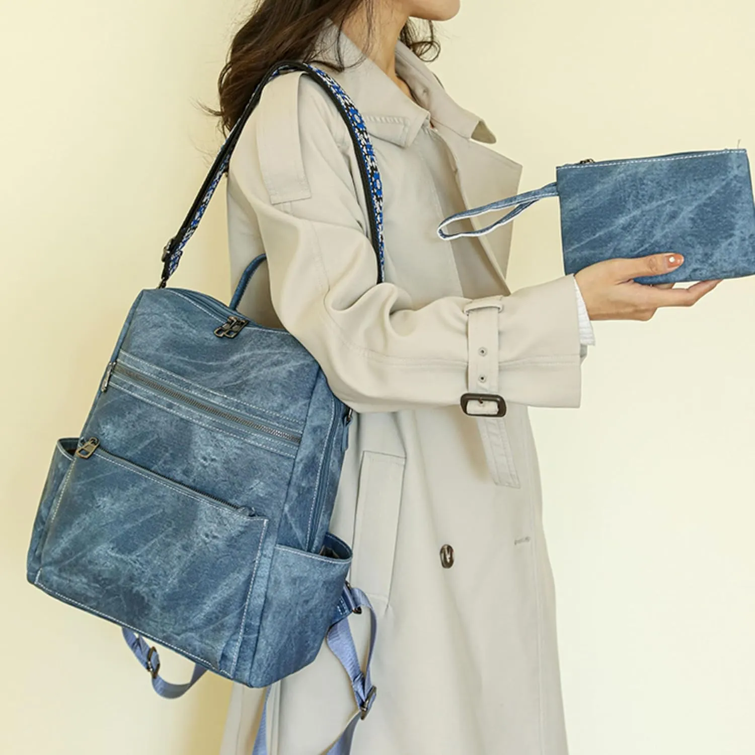Nefelibata Women's Fashion Backpack Purse Day Packs Satchel Handbags leather tote bag Anti-theft Large Fashion Designer Travel Handbags Shoulder Bags With Purse Strapdenim blue