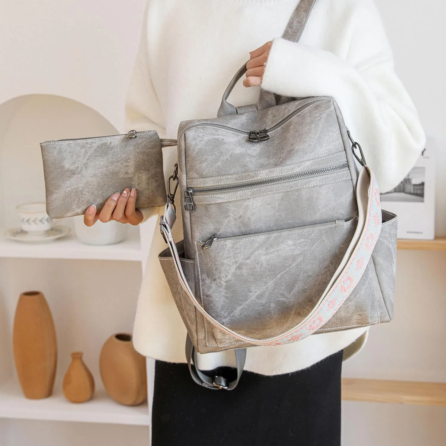 Nefelibata Women's Fashion Backpack Purse Day Packs Satchel Handbags leather tote bag Anti-theft Large Fashion Designer Travel Handbags Shoulder Bags With Purse StrapFrosted Gray