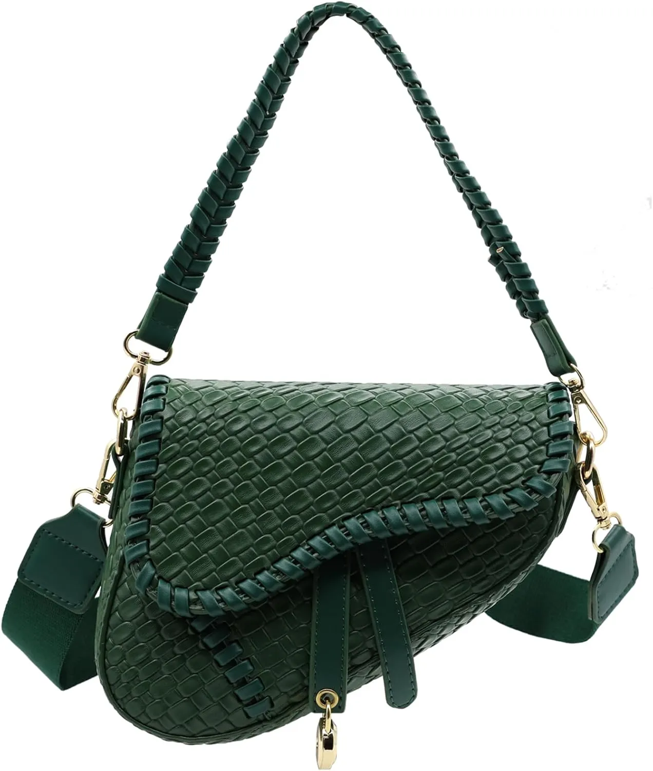 Saddle Crossbody Bag for Women Small Satchel Clutch Woven Croc Look Purse Genuine Leather Handbag
