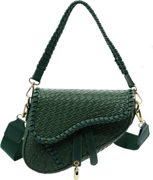 Saddle Crossbody Bag for Women Small Satchel Clutch Woven Croc Look Purse Genuine Leather Handbag