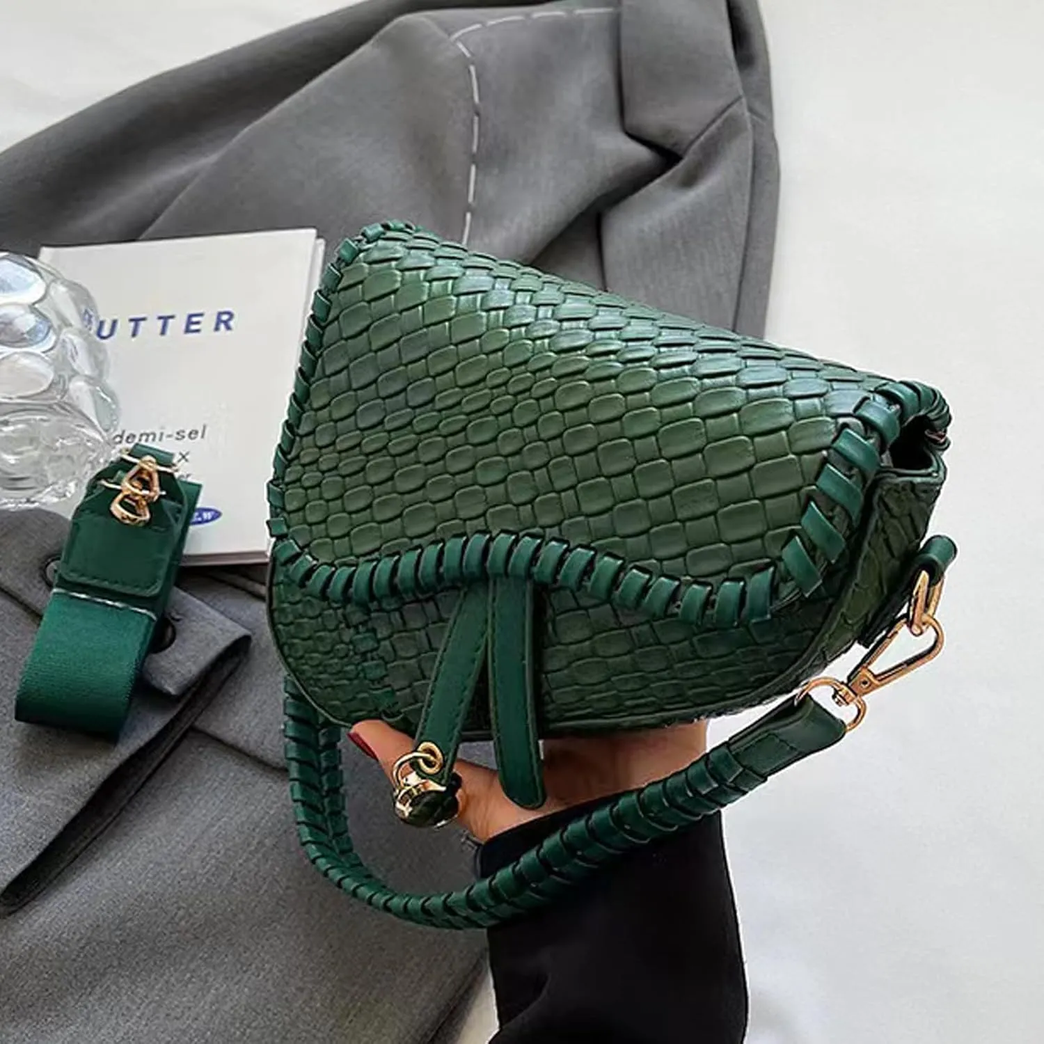 Saddle Crossbody Bag for Women Small Satchel Clutch Woven Croc Look Purse Genuine Leather Handbag