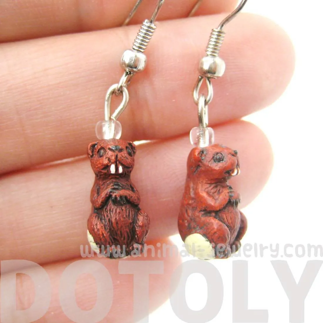 Small Beaver Shaped Porcelain Ceramic Animal Themed Dangle Earrings | Handmade
