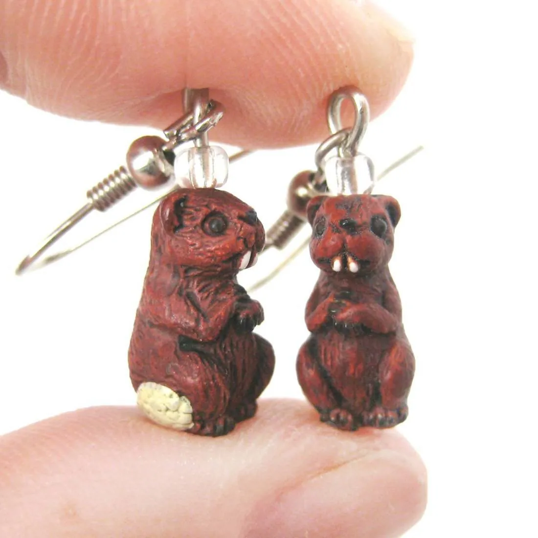 Small Beaver Shaped Porcelain Ceramic Animal Themed Dangle Earrings | Handmade