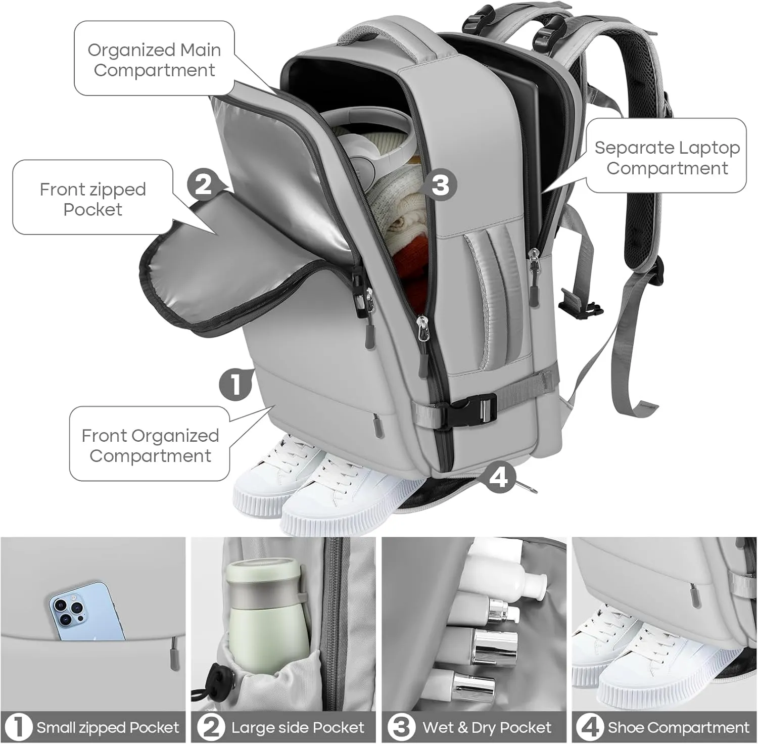 Travel Backpack, Grey, basis, Fashion