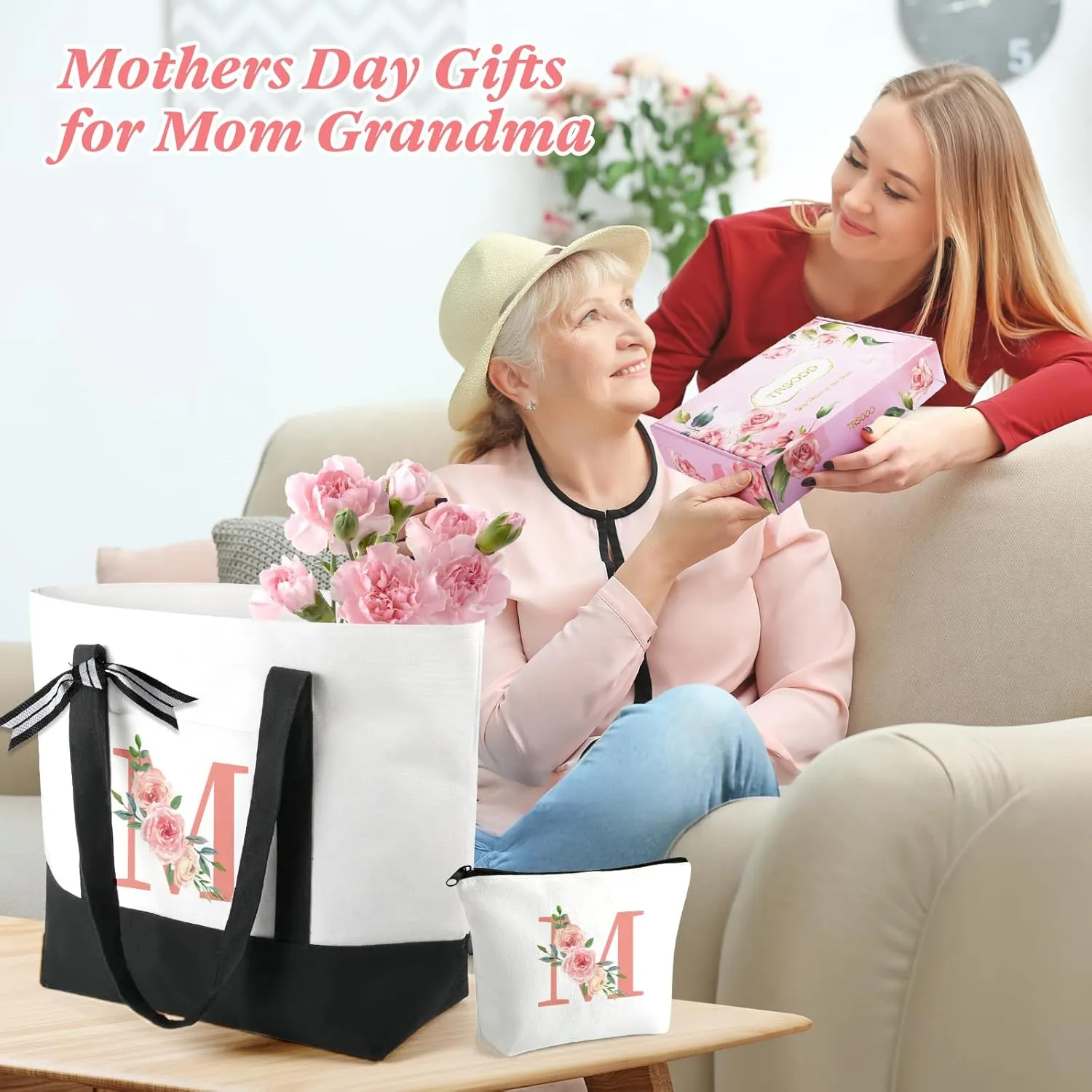TRSODD Canvas Monogram Large Tote Bag and Makeup Bag Birthday Gifts for Women Mothers Day Gifts for Mom Wife Grandma Daughter Sister