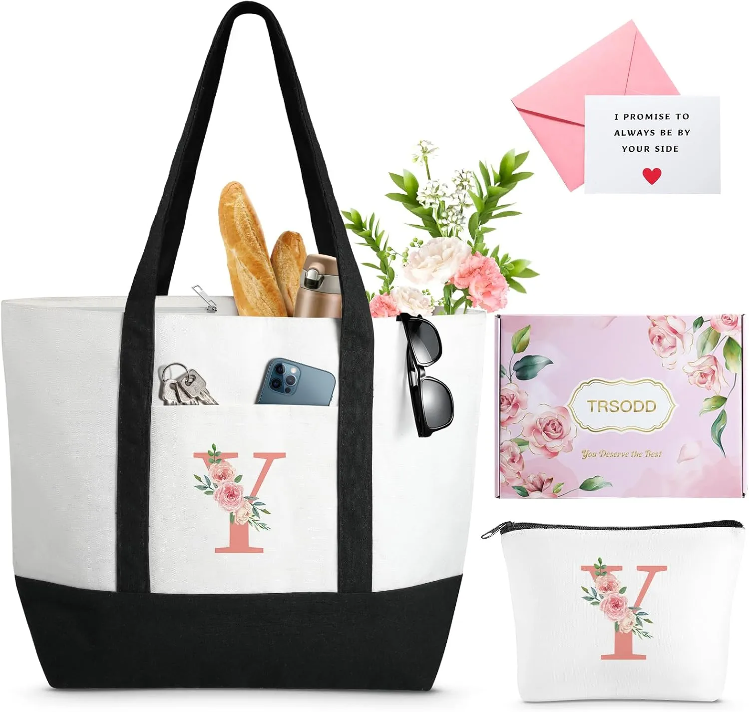 TRSODD Canvas Monogram Large Tote Bag and Makeup Bag Birthday Gifts for Women Mothers Day Gifts for Mom Wife Grandma Daughter Sister