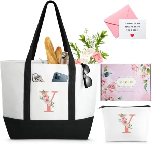 TRSODD Canvas Monogram Large Tote Bag and Makeup Bag Birthday Gifts for Women Mothers Day Gifts for Mom Wife Grandma Daughter Sister
