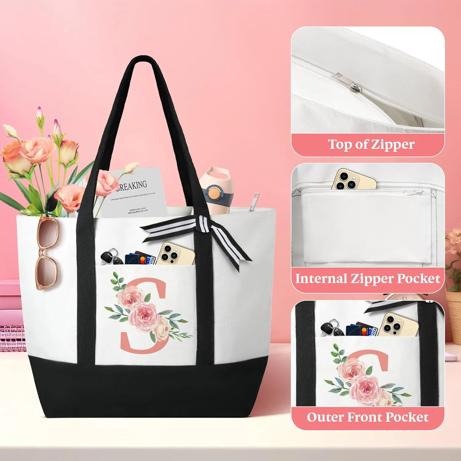 TRSODD Canvas Monogram Large Tote Bag and Makeup Bag Birthday Gifts for Women Mothers Day Gifts for Mom Wife Grandma Daughter Sister