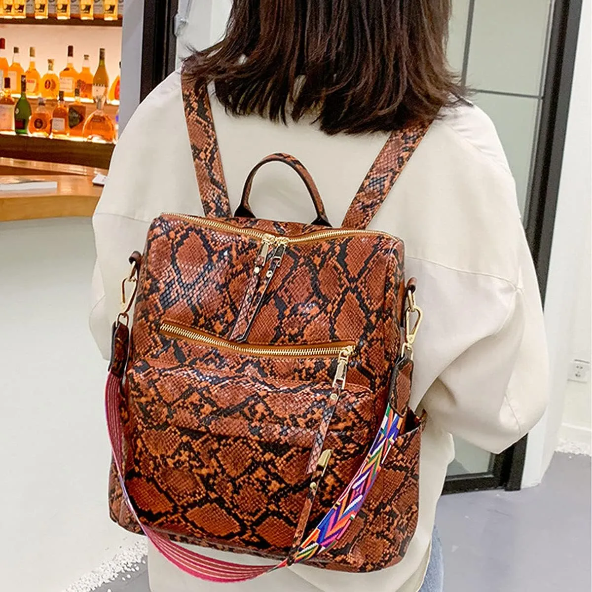 Women Fashion Backpack Purse PU Leather Casual Snake Pattern Shoulder Bag Fashion Ladies Satchel Bags(Brown