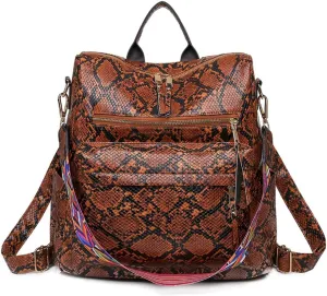 Women Fashion Backpack Purse PU Leather Casual Snake Pattern Shoulder Bag Fashion Ladies Satchel Bags(Brown