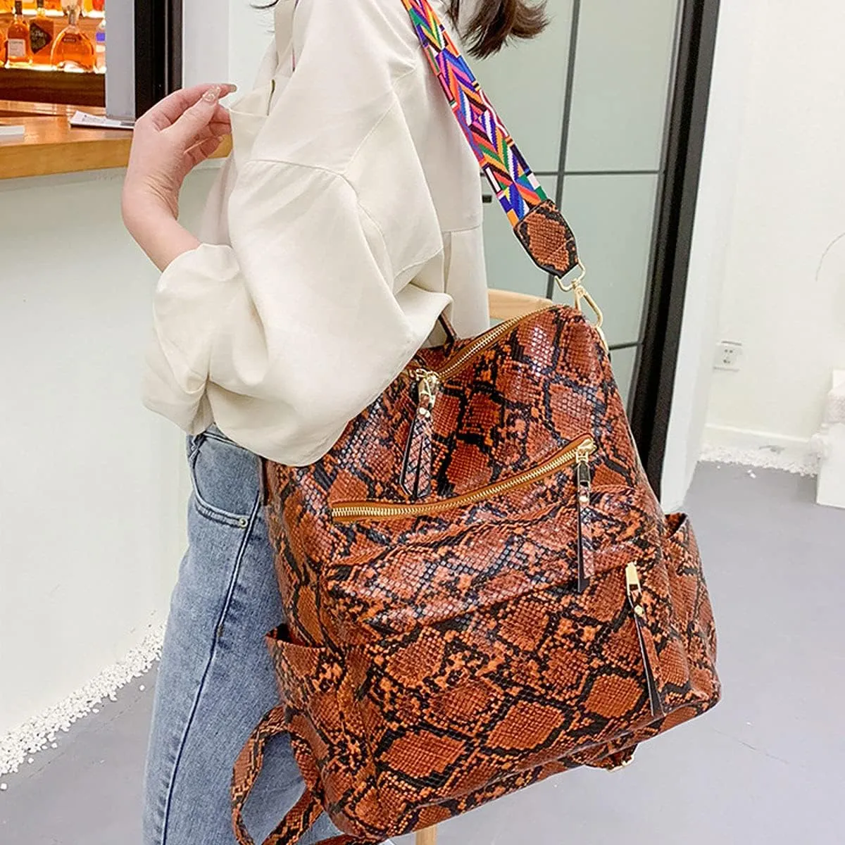 Women Fashion Backpack Purse PU Leather Casual Snake Pattern Shoulder Bag Fashion Ladies Satchel Bags(Brown