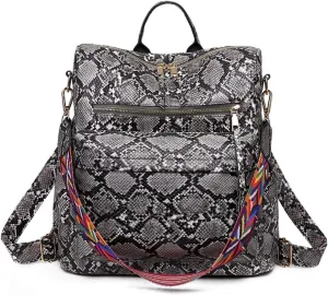 Women Fashion Backpack Purse PU Leather Casual Snake Pattern Shoulder Bag Fashion Ladies Satchel Bags(Grey)