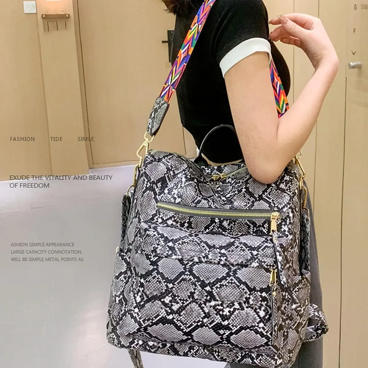 Women Fashion Backpack Purse PU Leather Casual Snake Pattern Shoulder Bag Fashion Ladies Satchel Bags(Grey)