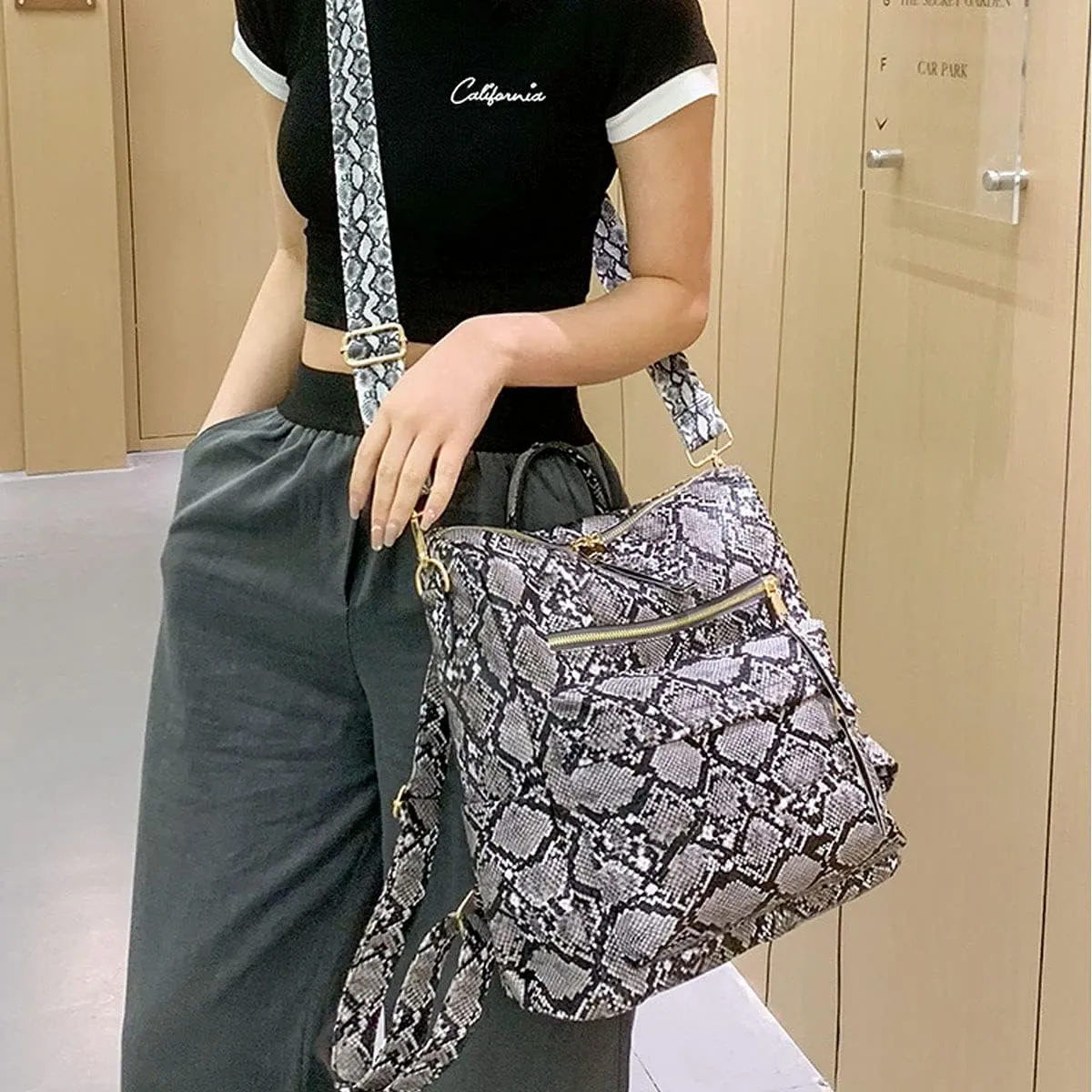 Women Fashion Backpack Purse PU Leather Casual Snake Pattern Shoulder Bag Fashion Ladies Satchel Bags(Grey)