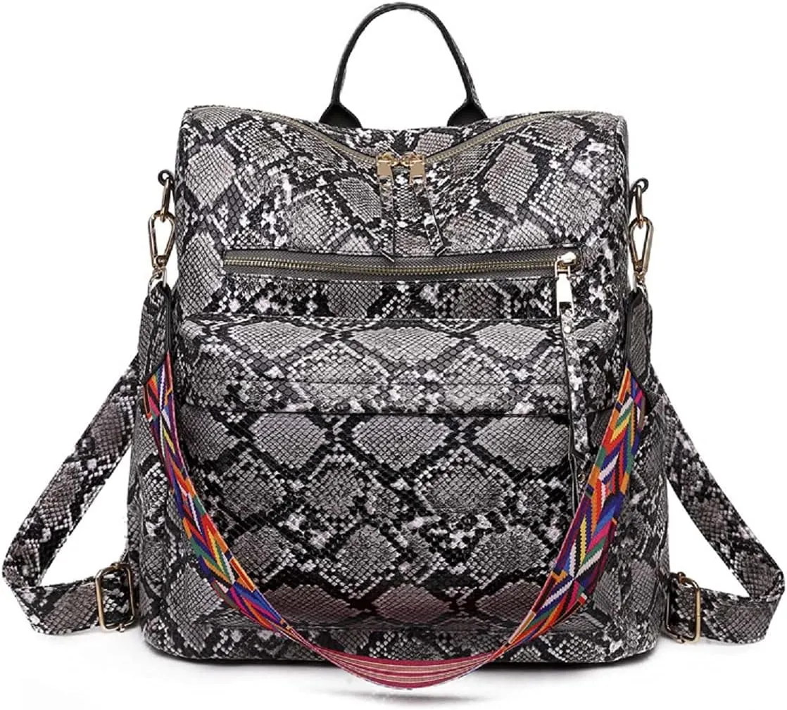 Women Fashion Backpack Purse PU Leather Casual Snake Pattern Shoulder Bag Fashion Ladies Satchel Bags(Grey)