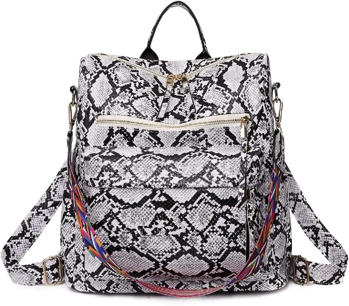 Women Fashion Backpack Purse PU Leather Casual Snake Pattern Shoulder Bag Fashion Ladies Satchel Bags(White)