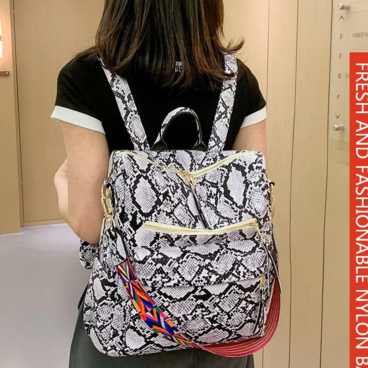 Women Fashion Backpack Purse PU Leather Casual Snake Pattern Shoulder Bag Fashion Ladies Satchel Bags(White)