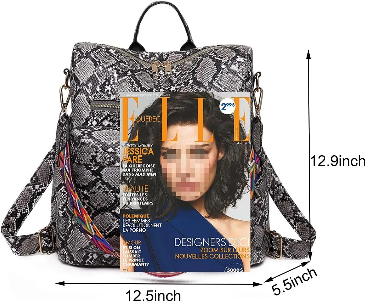 Women Fashion Backpack Purse PU Leather Casual Snake Pattern Shoulder Bag Fashion Ladies Satchel Bags(White)