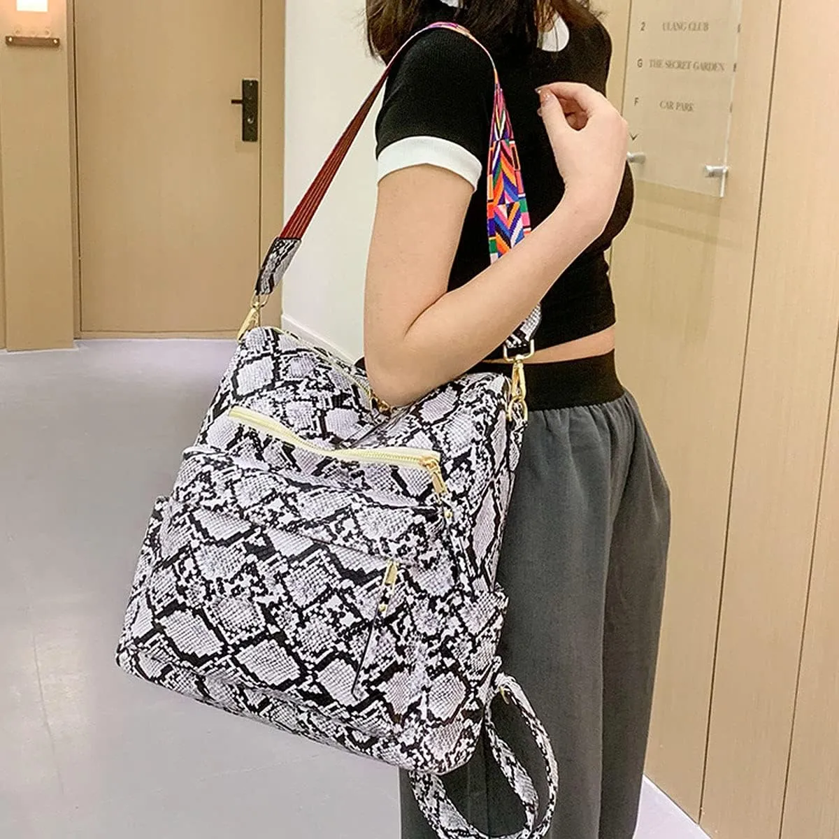 Women Fashion Backpack Purse PU Leather Casual Snake Pattern Shoulder Bag Fashion Ladies Satchel Bags(White)